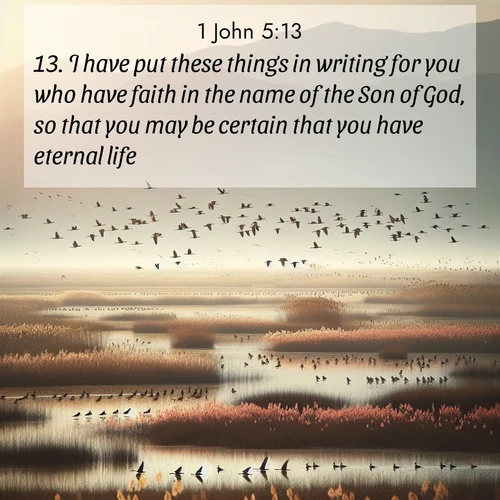 BasicEnglish 1 John  ; image nature: image with the bible verse :I have put these things in writing for you who have faith in the name of the Son of God, so that you may be certain that you have eternal life. ; Admire Bible verse images illustrated by summer photos, such as sunny beaches, sparkling waves, and swaying palm trees. These bright scenes highlight the joy and warmth of God&#039;s creation. Download and share verses like KJV 1 John 5:13. Current verse is overlayed with the thematic nature scene : Spring migration fills marshlands with calling birds. ; 5:13