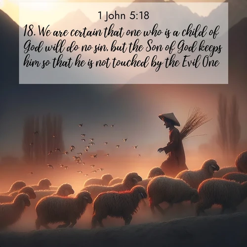 BasicEnglish 1 John  ; image nature: image with the bible verse :We are certain that one who is a child of God will do no sin, but the Son of God keeps him so that he is not touched by the Evil One. ; Discover our curated gallery of Bible verse images with breathtaking scenery, from tranquil deserts to lush green pastures. Perfect for phone wallpapers or sharing online. Download verses like KJV 1 John 5:18. Current verse is overlayed with the thematic nature scene : A shepherd guides his flock home. Sunset paints wool golden red. ; 5:18