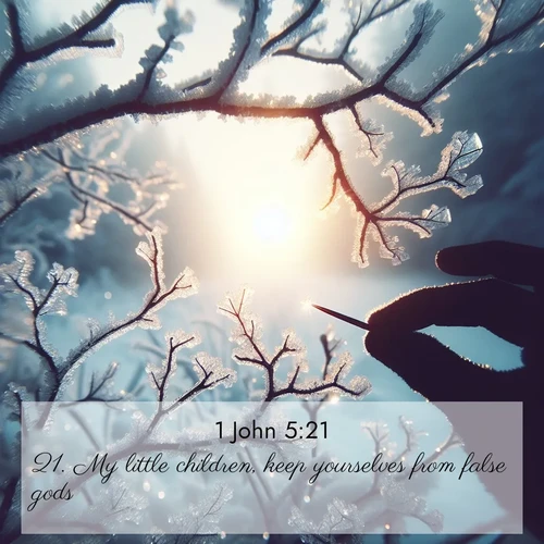 BasicEnglish 1 John  ; image nature: image with the bible verse :My little children, keep yourselves from false gods. ; Admire Bible verse images capturing the beauty of beaches, with turquoise waters, palm trees, and peaceful shores. These soothing scenes reflect God&#039;s serenity and majesty. Download and share verses like KJV 1 John 5:21. Current verse is overlayed with the thematic nature scene : Winter sunrise glows through ice-coated branches. ; 5:21