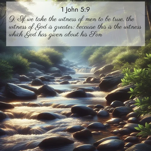 BasicEnglish 1 John  ; image nature: image with the bible verse :If we take the witness of men to be true, the witness of God is greater: because this is the witness which God has given about his Son. ; Download Bible verse images paired with breathtaking nature photos like golden deserts, shimmering seas, and blossoming orchards. These high-quality, free images are perfect for wallpapers or sharing. Verses include KJV 1 John 5:9. Current verse is overlayed with the thematic nature scene : A mountain stream tumbles over smooth rocks between banks of mountain laurel. ; 5:9
