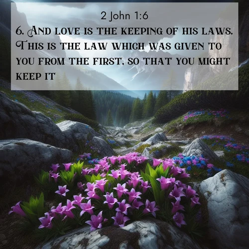 BBE 2 John 1:6 overlaying nature image scene: Alpine gentians bloom in rocky crevices. Summer storms gather above treeline.;6. And love is the keeping of his laws. This is the law which was given to you from the first, so that you might keep it.