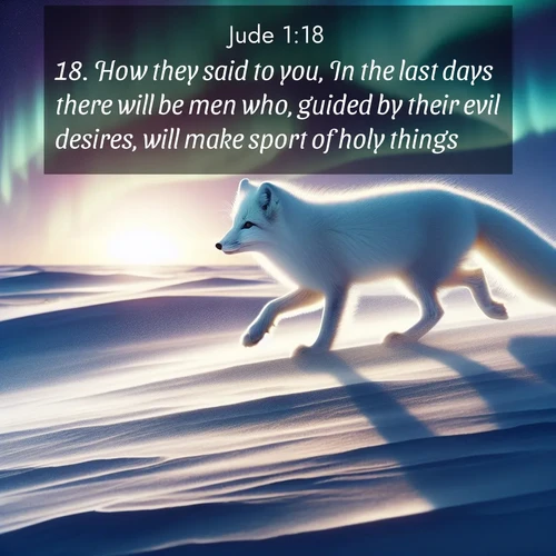 BBE Jude 1:18 overlaying nature image scene: An arctic fox hunts across windswept tundra. Northern lights paint its white coat in pastels.;18. How they said to you, In the last days there will be men who, guided by their evil desires, will make sport of holy things.