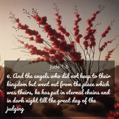 BasicEnglish Jude  ; image nature: image with the bible verse :And the angels who did not keep to their kingdom but went out from the place which was theirs, he has put in eternal chains and in dark night till the great day of the judging. ; Admire Bible verse images illustrated by desert scenes, such as sunsets over dunes, majestic rocks, and solitary cacti. These images capture the majesty of God in arid places. Download and share verses like KJV Jude 1:6. Current verse is overlayed with the thematic nature scene : Desert ocotillo flames crimson red. Wind sings through thorny branches. ; 1:6