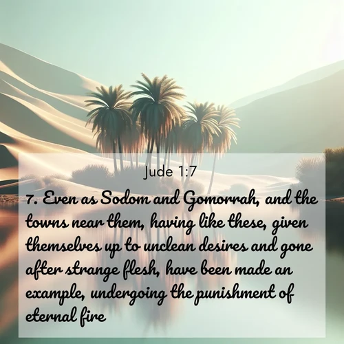 BasicEnglish Jude  ; image nature: image with the bible verse :Even as Sodom and Gomorrah, and the towns near them, having like these, given themselves up to unclean desires and gone after strange flesh, have been made an example, undergoing the punishment of eternal fire. ; Explore serene Bible verse images adorned with photos of divine creation—tranquil beaches, snowy mountains, and starry skies. Each image is free to download and share. Verses include KJV Jude 1:7. Current verse is overlayed with the thematic nature scene : A desert oasis shimmers in the midday heat, palm fronds rustling above still waters. ; 1:7