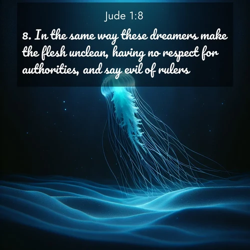 BBE Jude 1:8 overlaying nature image scene: A lone jellyfish pulses through midnight waters. Its bioluminescent tendrils paint trails of azure light in the depths.;8. In the same way these dreamers make the flesh unclean, having no respect for authorities, and say evil of rulers.