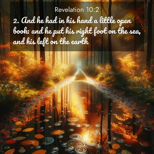BasicEnglish Book of Revelation  ; image nature: image with the bible verse :And he had in his hand a little open book: and he put his right foot on the sea, and his left on the earth; ; Explore Bible verses combined with serene beach photos, desert dunes, and infinite skies, highlighting God&#039;s majesty in every landscape. Download and share inspiring verses like KJV Book of Revelation 10:2. Current verse is overlayed with the thematic nature scene : Autumn colors reflect in rain puddles on a forest path. ; 10:2