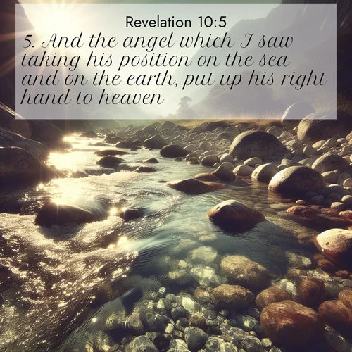 BasicEnglish Book of Revelation  ; image nature: image with the bible verse :And the angel which I saw taking his position on the sea and on the earth, put up his right hand to heaven, ; Discover a gallery of Bible verse images showcasing the beauty of autumn, with golden leaves, red forests, and peaceful fields bathed in soft light. These soothing scenes are perfect for accompanying inspiring verses like KJV Book of Revelation 10:5. Current verse is overlayed with the thematic nature scene : Mountain streams sing ancient songs. Sunlight dances through clear pools. ; 10:5