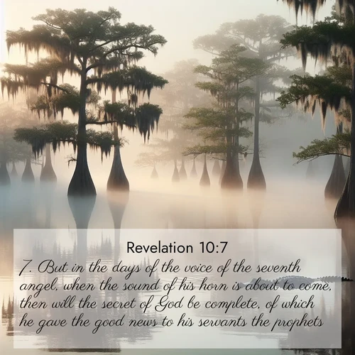 BasicEnglish Book of Revelation  ; image nature: image with the bible verse :But in the days of the voice of the seventh angel, when the sound of his horn is about to come, then will the secret of God be complete, of which he gave the good news to his servants the prophets. ; Admire Bible images evoking autumn, with warm colors of fallen leaves, harvested fields, and tranquil woods. These inspiring landscapes reflect the transition and beauty of God&#039;s creation. Download verses like KJV Book of Revelation 10:7. Current verse is overlayed with the thematic nature scene : Morning fog clings to gnarled cypress trees in the swamp. An alligator glides silently through the dark water. ; 10:7