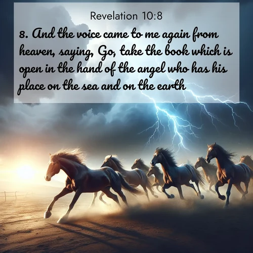 BasicEnglish Book of Revelation  ; image nature: image with the bible verse :And the voice came to me again from heaven, saying, Go, take the book which is open in the hand of the angel who has his place on the sea and on the earth. ; Discover a rich selection of Bible verse images illustrated by natural landscapes like tranquil beaches, golden fields, and majestic trees. These images aim to capture the peace and beauty of God&#039;s creation, with vibrant colors and varied typography. Download and share inspiring verses like KJV Book of Revelation 10:8. Current verse is overlayed with the thematic nature scene : Wild horses race approaching storms. Lightning illuminates their power. ; 10:8