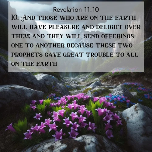 BasicEnglish Book of Revelation  ; image nature: image with the bible verse :And those who are on the earth will have pleasure and delight over them; and they will send offerings one to another because these two prophets gave great trouble to all on the earth. ; Dive into our collection of Bible verse images combined with sublime nature photos, such as graceful waterfalls, radiant sunsets, and endless meadows. These compositions highlight the peace and harmony of God&#039;s creation with vivid colors and carefully integrated text. Download and share verses like KJV Book of Revelation 11:10. Current verse is overlayed with the thematic nature scene : Alpine gentians bloom in rocky crevices. Summer storms gather above treeline. ; 11:10