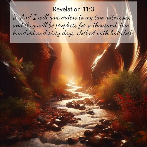 BasicEnglish Book of Revelation  ; image nature: image with the bible verse :And I will give orders to my two witnesses, and they will be prophets for a thousand, two hundred and sixty days, clothed with haircloth. ; Explore beautiful Bible verse images paired with serene natural settings, such as calm seas, snowy paths, and verdant hills. Each image is free to download for your spiritual inspiration. Share KJV Book of Revelation 11:3. Current verse is overlayed with the thematic nature scene : Autumn rain creates temporary streams in slot canyons. ; 11:3