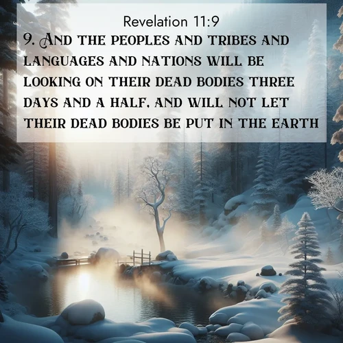 BasicEnglish Book of Revelation  ; image nature: image with the bible verse :And the peoples and tribes and languages and nations will be looking on their dead bodies three days and a half, and will not let their dead bodies be put in the earth. ; Discover tranquil Bible verse images enhanced with natural scenery like rippling brooks, snow-covered fields, and sunlit beaches. These free images are perfect for wallpapers or spiritual reflection. Share KJV Book of Revelation 11:9. Current verse is overlayed with the thematic nature scene : Morning mist rises from a hot spring in a snow-covered forest. ; 11:9