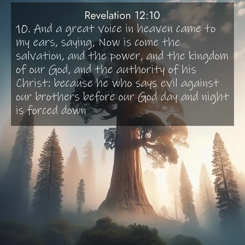 BasicEnglish Book of Revelation  ; image nature: image with the bible verse :And a great voice in heaven came to my ears, saying, Now is come the salvation, and the power, and the kingdom of our God, and the authority of his Christ: because he who says evil against our brothers before our God day and night is forced down. ; Discover Bible verses beautifully integrated with natural scenes of varied seasons, featuring summer skies, winter snow, autumn leaves, and spring blooms. Each image captures the splendor and peace of God&#039;s creation. Share verses like KJV Book of Revelation 12:10. Current verse is overlayed with the thematic nature scene : A giant sequoia reaches through morning fog. Centuries of growth stretch skyward in silent majesty. ; 12:10