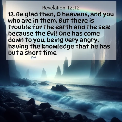 BasicEnglish Book of Revelation  ; image nature: image with the bible verse :Be glad then, O heavens, and you who are in them. But there is trouble for the earth and the sea: because the Evil One has come down to you, being very angry, having the knowledge that he has but a short time. ; Admire our autumnal collection of Bible verse images accompanied by photos of paths lined with red and yellow leaves, fiery forests, and calm rivers. These images inspire reflection and serenity. Share verses like KJV Book of Revelation 12:12. Current verse is overlayed with the thematic nature scene : Ocean waves crash against volcanic cliffs as seabirds wheel overhead, creating momentary rainbows. ; 12:12