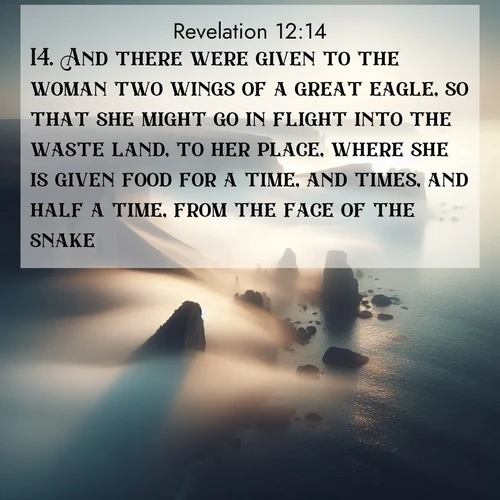 BasicEnglish Book of Revelation  ; image nature: image with the bible verse :And there were given to the woman two wings of a great eagle, so that she might go in flight into the waste land, to her place, where she is given food for a time, and times, and half a time, from the face of the snake. ; Dive into our collection of Bible verse images combined with sublime nature photos, such as graceful waterfalls, radiant sunsets, and endless meadows. These compositions highlight the peace and harmony of God&#039;s creation with vivid colors and carefully integrated text. Download and share verses like KJV Book of Revelation 12:14. Current verse is overlayed with the thematic nature scene : Coastal fog reveals and conceals seaside cliffs. ; 12:14