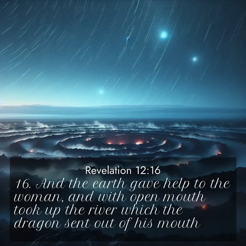 BasicEnglish Book of Revelation  ; image nature: image with the bible verse :And the earth gave help to the woman, and with open mouth took up the river which the dragon sent out of his mouth. ; Explore serene Bible verse images adorned with photos of divine creation—tranquil beaches, snowy mountains, and starry skies. Each image is free to download and share. Verses include KJV Book of Revelation 12:16. Current verse is overlayed with the thematic nature scene : Volcanic steam rises through a field of black lava. Stars wheel overhead in the thin air. ; 12:16