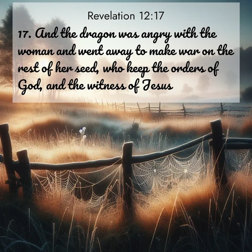 BasicEnglish Book of Revelation  ; image nature: image with the bible verse :And the dragon was angry with the woman and went away to make war on the rest of her seed, who keep the orders of God, and the witness of Jesus: ; Download Bible verse images paired with breathtaking nature photos like golden deserts, shimmering seas, and blossoming orchards. These high-quality, free images are perfect for wallpapers or sharing. Verses include KJV Book of Revelation 12:17. Current verse is overlayed with the thematic nature scene : Morning frost coats spider webs stretched between fence posts in a country meadow. ; 12:17