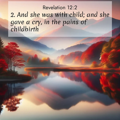 BasicEnglish Book of Revelation  ; image nature: image with the bible verse :And she was with child; and she gave a cry, in the pains of childbirth. ; Admire our free collection of Bible verse images with beautiful landscapes like sunlit forests, rippling waters, and radiant dawns. Each verse, such as KJV Book of Revelation 12:2, is ready to download and share. Current verse is overlayed with the thematic nature scene : Autumn colors reflect in a still mountain lake at sunrise. ; 12:2