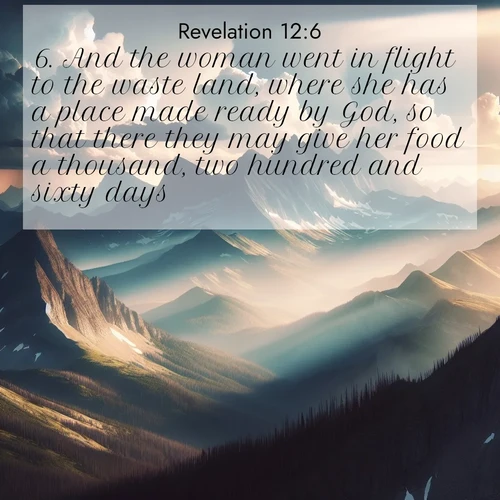 BasicEnglish Book of Revelation  ; image nature: image with the bible verse :And the woman went in flight to the waste land, where she has a place made ready by God, so that there they may give her food a thousand, two hundred and sixty days. ; Discover our unique collection of Bible verse images integrated with photos showcasing the majesty of nature, such as rocky mountains, ancient trees, and crystal-clear lakes. These images feature luminous colors and text in varied fonts, reflecting the harmony of God&#039;s creation. Download verses like KJV Book of Revelation 12:6. Current verse is overlayed with the thematic nature scene : Summer storms build over mountain peaks at midday. ; 12:6