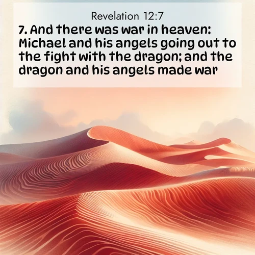 BasicEnglish Book of Revelation  ; image nature: image with the bible verse :And there was war in heaven: Michael and his angels going out to the fight with the dragon; and the dragon and his angels made war, ; Access a vast collection of Bible verse images illustrated with natural landscapes like calm rivers, blooming fields, and bright horizons. These images emphasize the serenity and splendor of God&#039;s creation, accompanied by aesthetic fonts and joyful colors. Download verses like KJV Book of Revelation 12:7 and share them. Current verse is overlayed with the thematic nature scene : Desert wind sculpts perfect ripples in red sand. Twilight paints the dunes in watercolor hues. ; 12:7