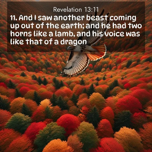 BasicEnglish Book of Revelation  ; image nature: image with the bible verse :And I saw another beast coming up out of the earth; and he had two horns like a lamb, and his voice was like that of a dragon. ; Browse high-resolution Bible verse images featuring stunning nature photography, such as radiant sunsets, tranquil rivers, and blooming fields. Perfect for wallpapers or sharing on social media. Download KJV Book of Revelation 13:11. Current verse is overlayed with the thematic nature scene : A red-tailed hawk circles above autumn woods. Leaves below form a mosaic of fire. ; 13:11