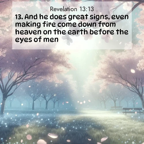 BasicEnglish Book of Revelation  ; image nature: image with the bible verse :And he does great signs, even making fire come down from heaven on the earth before the eyes of men. ; Admire our free collection of Bible verse images with beautiful landscapes like sunlit forests, rippling waters, and radiant dawns. Each verse, such as KJV Book of Revelation 13:13, is ready to download and share. Current verse is overlayed with the thematic nature scene : Spring rain falls on cherry trees in full bloom, petals drifting like snow. ; 13:13