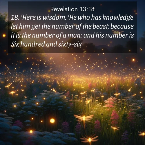 BasicEnglish Book of Revelation  ; image nature: image with the bible verse :Here is wisdom. He who has knowledge let him get the number of the beast; because it is the number of a man: and his number is Six hundred and sixty-six. ; Admire our gallery of Bible verse images paired with serene nature photography, featuring starlit skies, golden sands, and blooming wildflowers. Download and share verses like KJV Book of Revelation 13:18. Current verse is overlayed with the thematic nature scene : Fireflies dance above a spring meadow filled with singing crickets. ; 13:18