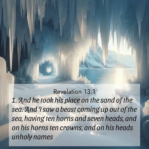 BasicEnglish Book of Revelation  ; image nature: image with the bible verse :And he took his place on the sand of the sea. And I saw a beast coming up out of the sea, having ten horns and seven heads, and on his horns ten crowns, and on his heads unholy names. ; Discover Bible images adorned with spring landscapes, like tulip fields, cherry blossoms, and green hills. These bright scenes symbolize God&#039;s renewal and grace. Download verses like KJV Book of Revelation 13:1. Current verse is overlayed with the thematic nature scene : Winter ice forms crystal caves along lake cliffs. ; 13:1