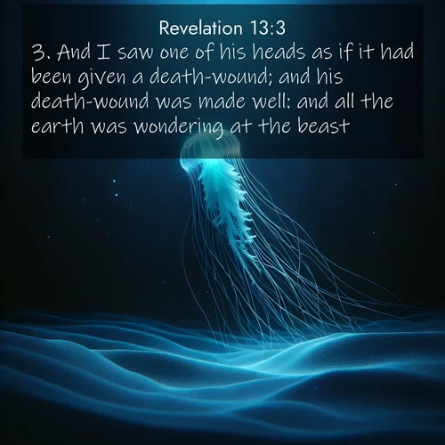 BasicEnglish Book of Revelation  ; image nature: image with the bible verse :And I saw one of his heads as if it had been given a death-wound; and his death-wound was made well: and all the earth was wondering at the beast. ; Admire Bible images evoking autumn, with warm colors of fallen leaves, harvested fields, and tranquil woods. These inspiring landscapes reflect the transition and beauty of God&#039;s creation. Download verses like KJV Book of Revelation 13:3. Current verse is overlayed with the thematic nature scene : A lone jellyfish pulses through midnight waters. Its bioluminescent tendrils paint trails of azure light in the depths. ; 13:3