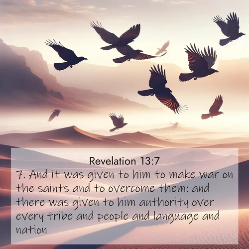 BasicEnglish Book of Revelation  ; image nature: image with the bible verse :And it was given to him to make war on the saints and to overcome them: and there was given to him authority over every tribe and people and language and nation. ; Admire stunning Bible verse images paired with photos of peaceful landscapes, such as foggy mornings, serene rivers, and blooming gardens. Download these free images and share verses like KJV Book of Revelation 13:7. Current verse is overlayed with the thematic nature scene : Desert ravens soar on thermal currents. Their wings wear shadows like cloaks. ; 13:7