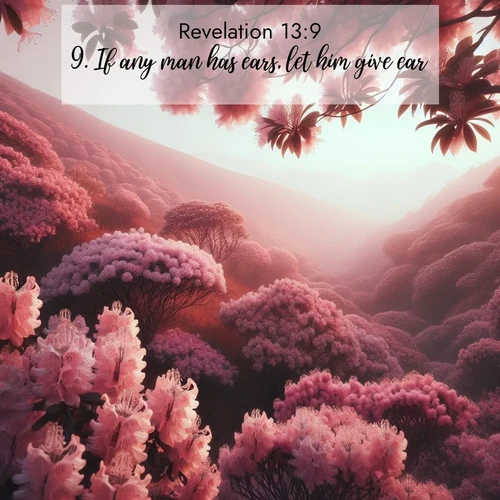 BasicEnglish Book of Revelation  ; image nature: image with the bible verse :If any man has ears, let him give ear. ; Admire Bible verse images featuring tranquil rivers, golden fields, and starry heavens. These free-to-download images make inspiring wallpapers or thoughtful gifts. Download KJV Book of Revelation 13:9 now. Current verse is overlayed with the thematic nature scene : Mountain laurel blooms paint hillsides pink. Spring breezes carry their honey scent. ; 13:9