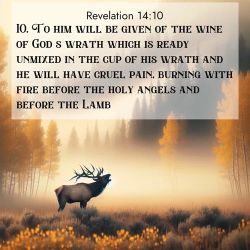 BasicEnglish Book of Revelation  ; image nature: image with the bible verse :To him will be given of the wine of God&#039;s wrath which is ready unmixed in the cup of his wrath and he will have cruel pain, burning with fire before the holy angels and before the Lamb: ; Access a vast collection of Bible verse images illustrated with natural landscapes like calm rivers, blooming fields, and bright horizons. These images emphasize the serenity and splendor of God&#039;s creation, accompanied by aesthetic fonts and joyful colors. Download verses like KJV Book of Revelation 14:10 and share them. Current verse is overlayed with the thematic nature scene : A bull elk bugles across a misty valley. Aspen leaves quake golden in response. ; 14:10
