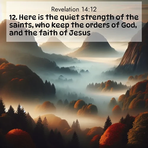 BasicEnglish Book of Revelation  ; image nature: image with the bible verse :Here is the quiet strength of the saints, who keep the orders of God, and the faith of Jesus. ; Admire our gallery of Bible verse images showcasing divine beauty in nature—whether snowy peaks or serene oceans. Each image is freely downloadable and perfect for personal or spiritual use. Share verses like KJV Book of Revelation 14:12. Current verse is overlayed with the thematic nature scene : Autumn fog rolls through valleys between ancient rounded mountains. ; 14:12