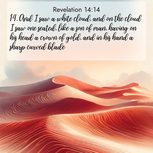 BasicEnglish Book of Revelation  ; image nature: image with the bible verse :And I saw a white cloud, and on the cloud I saw one seated, like a son of man, having on his head a crown of gold, and in his hand a sharp curved blade. ; Explore a collection of inspiring Bible verse images accompanied by winter photos, such as snowy landscapes, frosted trees, and frozen lakes. These images reflect the peace and purity of God&#039;s creation, with elegant fonts and luminous colors. Download and share verses like KJV Book of Revelation 14:14. Current verse is overlayed with the thematic nature scene : Desert wind sculpts perfect ripples in red sand. Twilight paints the dunes in watercolor hues. ; 14:14