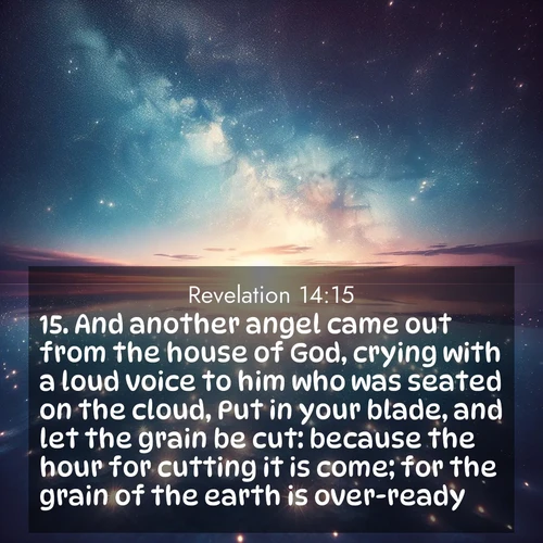BasicEnglish Book of Revelation  ; image nature: image with the bible verse :And another angel came out from the house of God, crying with a loud voice to him who was seated on the cloud, Put in your blade, and let the grain be cut: because the hour for cutting it is come; for the grain of the earth is over-ready. ; Explore a unique collection of Bible verses illustrated by winter landscapes, such as snowy mountains, frosty forests, and starry skies. These images capture the peace and beauty of winter. Share verses like KJV Book of Revelation 14:15. Current verse is overlayed with the thematic nature scene : Stars reflect perfectly in the salt flats after rainfall. The horizon disappears in the mirror-like expanse. ; 14:15