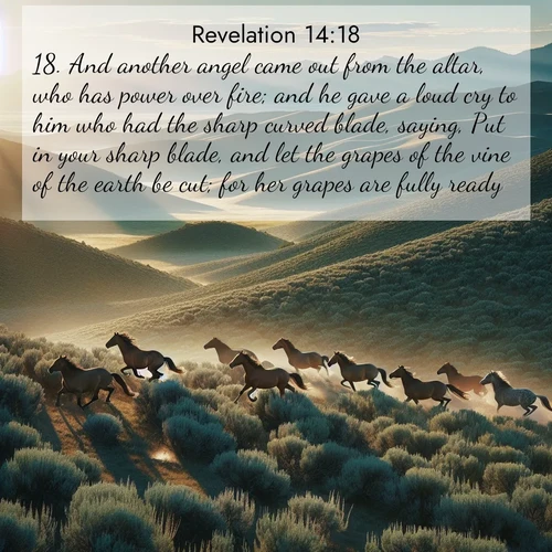 BasicEnglish Book of Revelation  ; image nature: image with the bible verse :And another angel came out from the altar, who has power over fire; and he gave a loud cry to him who had the sharp curved blade, saying, Put in your sharp blade, and let the grapes of the vine of the earth be cut; for her grapes are fully ready. ; Explore an exceptional collection of Bible verse images accompanied by photos of nature, showcasing snowy mountains, serene forests, and still lakes. These images feature luminous tones and varied fonts to bring serenity and inspiration. Share uplifting verses like KJV Book of Revelation 14:18. Current verse is overlayed with the thematic nature scene : Wild mustangs gallop across sage-covered hills in the morning light. ; 14:18