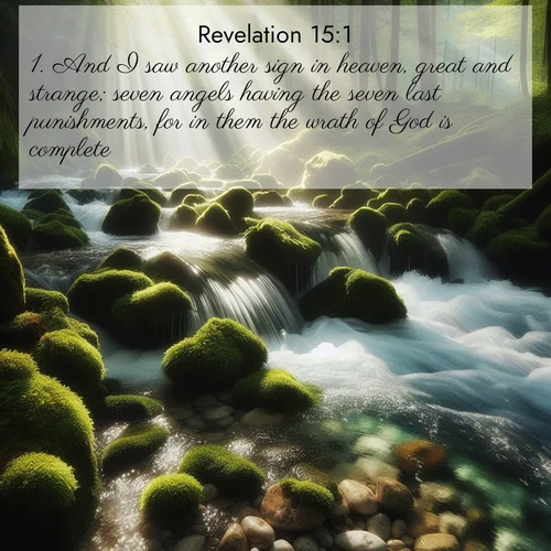 BasicEnglish Book of Revelation  ; image nature: image with the bible verse :And I saw another sign in heaven, great and strange; seven angels having the seven last punishments, for in them the wrath of God is complete. ; Explore Bible verses paired with beach photos, where waves gently crash on the sand and the sky glows with pastel hues at sunset. These scenes convey deep serenity. Download verses like KJV Book of Revelation 15:1. Current verse is overlayed with the thematic nature scene : A mountain stream tumbles through moss-covered stones. Sunlight dapples the crystal-clear water. ; 15:1