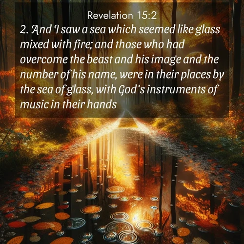 BasicEnglish Book of Revelation  ; image nature: image with the bible verse :And I saw a sea which seemed like glass mixed with fire; and those who had overcome the beast and his image and the number of his name, were in their places by the sea of glass, with God&#039;s instruments of music in their hands. ; Dive into our collection of Bible verses paired with coastal scenes, featuring calming waves, infinite beaches, and reflections of the sun on the water. These images evoke the peace and beauty of God. Share verses like KJV Book of Revelation 15:2. Current verse is overlayed with the thematic nature scene : Autumn colors reflect in rain puddles on a forest path. ; 15:2