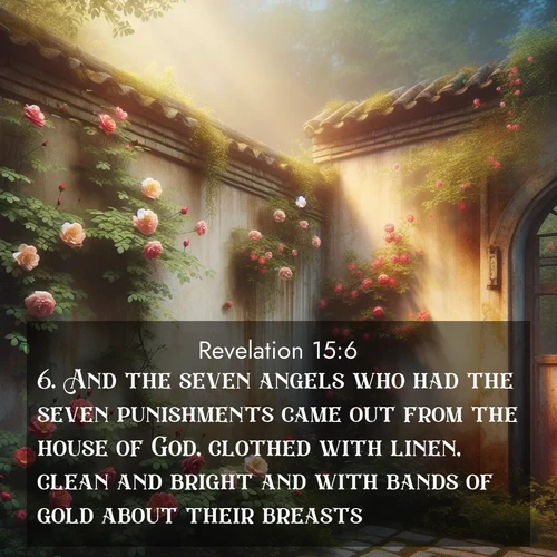 BasicEnglish Book of Revelation  ; image nature: image with the bible verse :And the seven angels who had the seven punishments came out from the house of God, clothed with linen, clean and bright and with bands of gold about their breasts. ; Explore our vast collection of images featuring beautifully illustrated Bible verses accompanied by nature photos. Discover inspiring and motivating verses paired with soothing landscapes, like shimmering lakes, majestic mountains, and lush forests. Our images highlight the peaceful beauty of God&#039;s creation with vibrant colors and varied fonts. Download and share verse images like KJV Book of Revelation 15:6. Current verse is overlayed with the thematic nature scene : Wild roses climb abandoned walls. Time stands still in secret gardens. ; 15:6