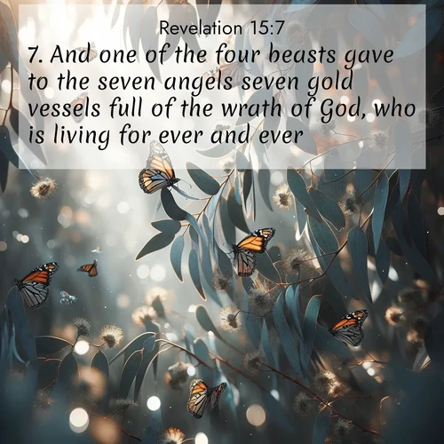 BasicEnglish Book of Revelation  ; image nature: image with the bible verse :And one of the four beasts gave to the seven angels seven gold vessels full of the wrath of God, who is living for ever and ever. ; Download Bible verse images paired with breathtaking nature photos like golden deserts, shimmering seas, and blossoming orchards. These high-quality, free images are perfect for wallpapers or sharing. Verses include KJV Book of Revelation 15:7. Current verse is overlayed with the thematic nature scene : Monarch butterflies cluster on eucalyptus branches in winter sun. ; 15:7