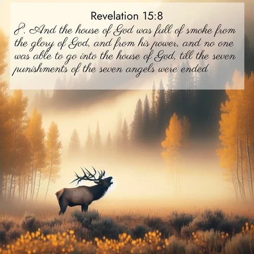 BasicEnglish Book of Revelation  ; image nature: image with the bible verse :And the house of God was full of smoke from the glory of God, and from his power, and no one was able to go into the house of God, till the seven punishments of the seven angels were ended. ; Admire our autumnal collection of Bible verse images accompanied by photos of paths lined with red and yellow leaves, fiery forests, and calm rivers. These images inspire reflection and serenity. Share verses like KJV Book of Revelation 15:8. Current verse is overlayed with the thematic nature scene : A bull elk bugles across a misty valley. Aspen leaves quake golden in response. ; 15:8