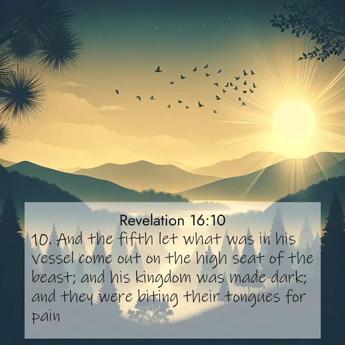 BasicEnglish Book of Revelation  ; image nature: image with the bible verse :And the fifth let what was in his vessel come out on the high seat of the beast; and his kingdom was made dark; and they were biting their tongues for pain. ; Browse a large collection of Bible verse images with photos showcasing the splendor of nature. Scenes of peaceful rivers, verdant valleys, and radiant skies enhance the inspiring verses. Each image reflects the serenity and joy of God&#039;s creation, with elegant text fonts. Download and share verses such as KJV Book of Revelation 16:10. Current verse is overlayed with the thematic nature scene : Morning mist reveals hidden valleys. Birdsong heralds the dawn. ; 16:10