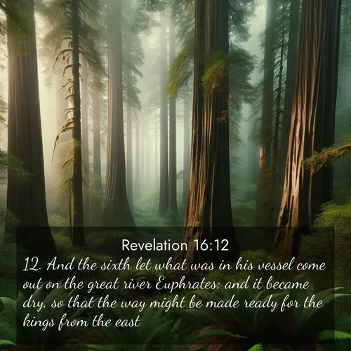 BasicEnglish Book of Revelation  ; image nature: image with the bible verse :And the sixth let what was in his vessel come out on the great river Euphrates; and it became dry, so that the way might be made ready for the kings from the east. ; Explore a spring collection of Bible images, with landscapes of green hills, wildflowers, and crystal-clear streams. These images symbolize the blossoming of God&#039;s creation. Download verses like KJV Book of Revelation 16:12. Current verse is overlayed with the thematic nature scene : Coastal redwoods disappear into the fog high above a fern grove. ; 16:12