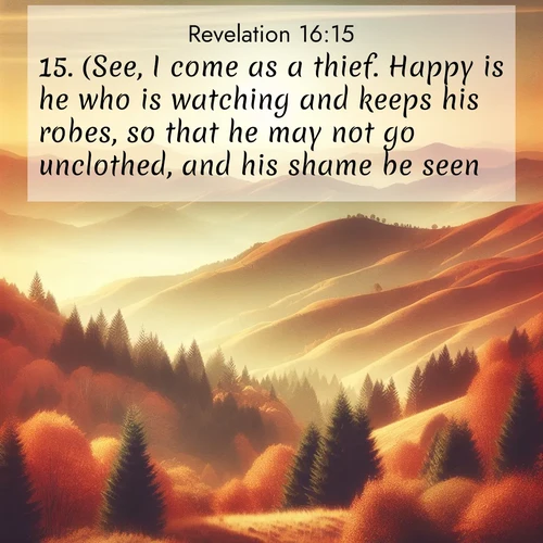 BasicEnglish Book of Revelation  ; image nature: image with the bible verse :(See, I come as a thief. Happy is he who is watching and keeps his robes, so that he may not go unclothed, and his shame be seen.) ; Explore Bible verse images beautifully illustrated with spring scenes, such as blooming meadows, trees in full bloom, and tranquil streams. These landscapes convey divine hope and vitality. Download and share verses like KJV Book of Revelation 16:15. Current verse is overlayed with the thematic nature scene : Autumn colors paint hillsides in warm earth tones. ; 16:15