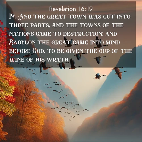 BasicEnglish Book of Revelation  ; image nature: image with the bible verse :And the great town was cut into three parts, and the towns of the nations came to destruction: and Babylon the great came into mind before God, to be given the cup of the wine of his wrath. ; Admire Bible verse images capturing the beauty of beaches, with turquoise waters, palm trees, and peaceful shores. These soothing scenes reflect God&#039;s serenity and majesty. Download and share verses like KJV Book of Revelation 16:19. Current verse is overlayed with the thematic nature scene : Wild geese arrow through autumn skies. Their calls echo off mountain walls. ; 16:19
