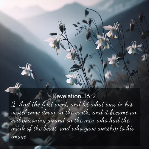 BasicEnglish Book of Revelation  ; image nature: image with the bible verse :And the first went, and let what was in his vessel come down on the earth; and it became an evil poisoning wound on the men who had the mark of the beast, and who gave worship to his image. ; Explore Bible verses combined with serene beach photos, desert dunes, and infinite skies, highlighting God&#039;s majesty in every landscape. Download and share inspiring verses like KJV Book of Revelation 16:2. Current verse is overlayed with the thematic nature scene : Wild columbines dance in breeze. Mountain air carries their perfume. ; 16:2