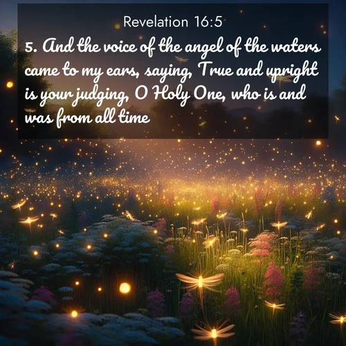 BasicEnglish Book of Revelation  ; image nature: image with the bible verse :And the voice of the angel of the waters came to my ears, saying, True and upright is your judging, O Holy One, who is and was from all time: ; Browse Bible images illustrated by desert landscapes, with endless skies, golden dunes, and isolated palm trees. These images evoke the calm and grandeur of God&#039;s creation. Download inspiring verses like KJV Book of Revelation 16:5. Current verse is overlayed with the thematic nature scene : Fireflies dance above a spring meadow filled with singing crickets. ; 16:5
