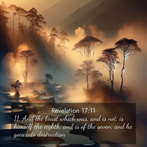BasicEnglish Book of Revelation  ; image nature: image with the bible verse :And the beast which was, and is not, is himself the eighth, and is of the seven; and he goes into destruction. ; Discover Bible verse images capturing the warmth of summer, with beach landscapes, sunlit fields, and clear skies. These bright scenes reflect divine joy. Share verses like KJV Book of Revelation 17:11. Current verse is overlayed with the thematic nature scene : Morning mist rises from thermal pools. Steam dragons dance in golden light. ; 17:11