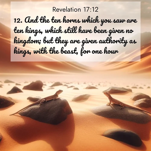 BasicEnglish Book of Revelation  ; image nature: image with the bible verse :And the ten horns which you saw are ten kings, which still have been given no kingdom; but they are given authority as kings, with the beast, for one hour. ; Browse a gallery of Bible verses paired with summer scenes, such as golden wheat fields, bright skies, and sunny beaches. These images convey the joy and warmth of God&#039;s creation. Download and share verses like KJV Book of Revelation 17:12. Current verse is overlayed with the thematic nature scene : Desert lizards bask on sun-hot rocks. Heat mirages dance like water. ; 17:12