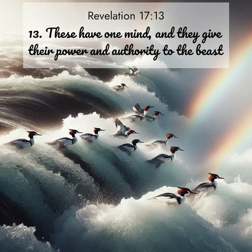BasicEnglish Book of Revelation  ; image nature: image with the bible verse :These have one mind, and they give their power and authority to the beast. ; Discover Bible images capturing the splendor of deserts, with golden dunes, vast skies, and peaceful oases. These landscapes highlight the grandeur and serenity of God&#039;s creation. Share verses like KJV Book of Revelation 17:13. Current verse is overlayed with the thematic nature scene : Wild mergansers ride white water rapids. Spray creates endless rainbows. ; 17:13